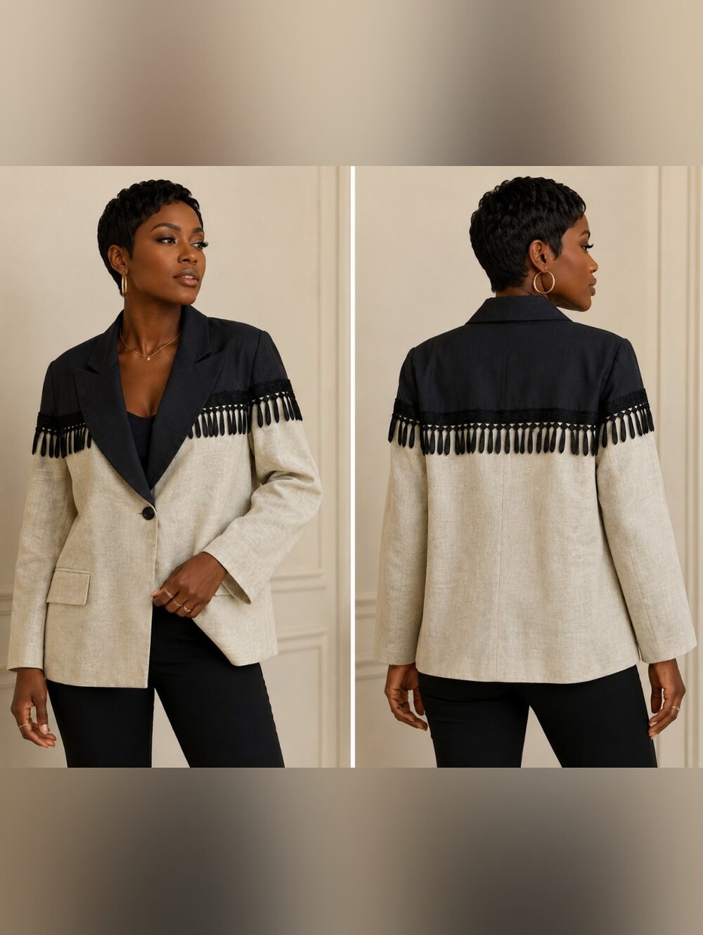 Two-Tone Fringe Detail Blazer Jacket - Black & Beige 🔥😮‍💨🫰🏾